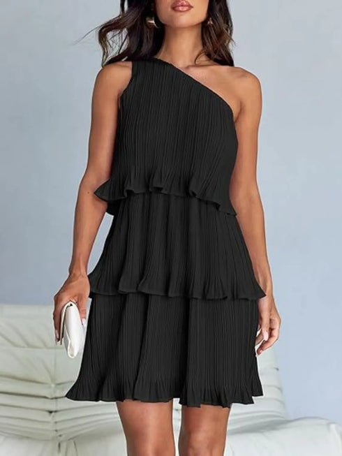'Hesper' Layered Single Shoulder Mini Dress - Celes Fashion